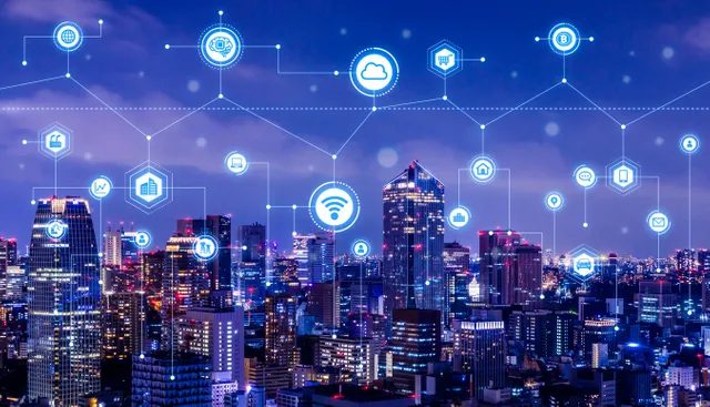 City skyline overlaid with digital network and smart technology icons.