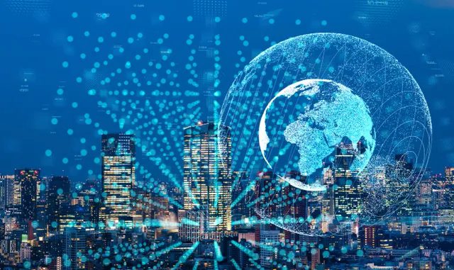 City skyline with digital network and globe overlay symbolizing global connectivity.