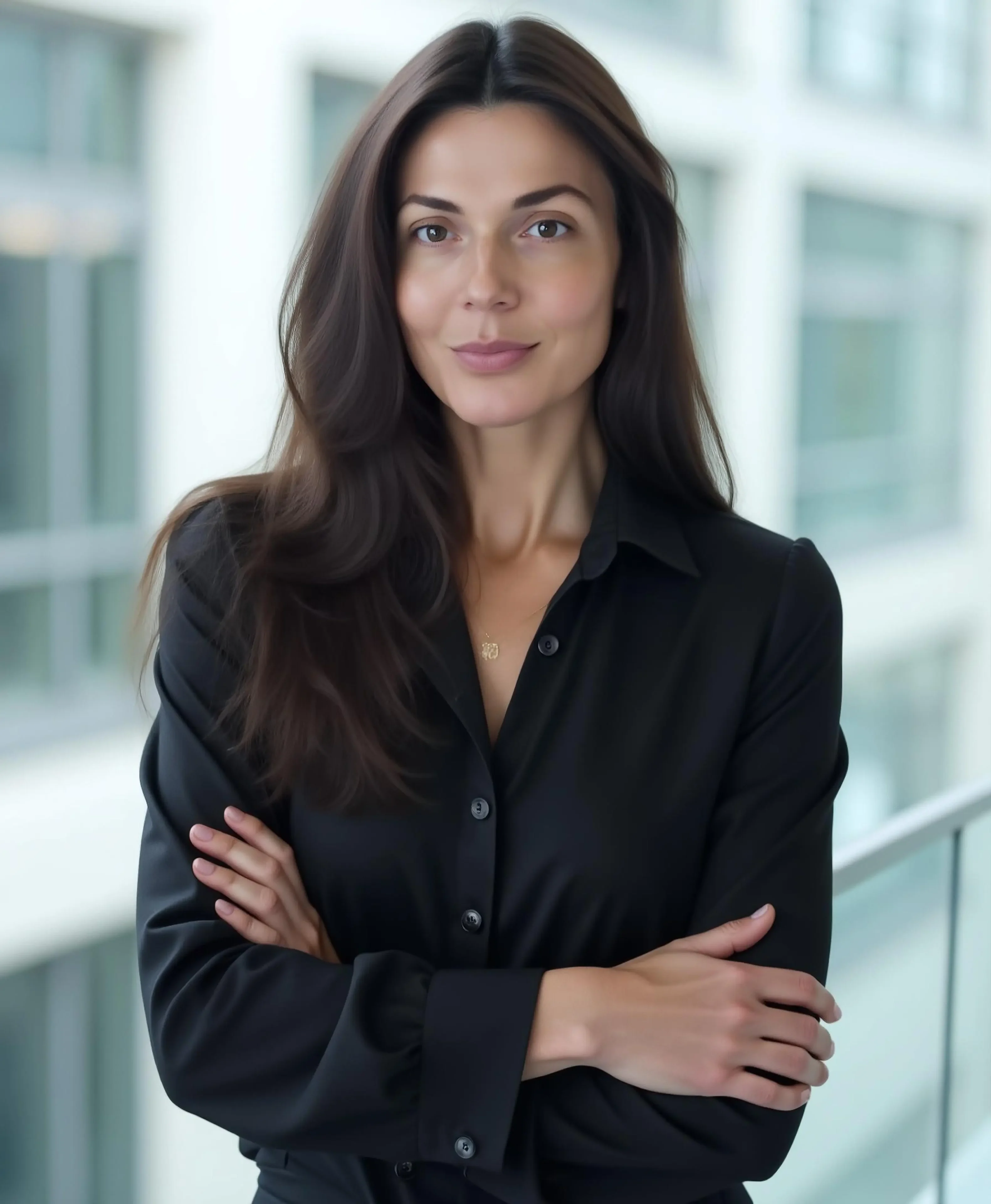 Woman in black shirt with folded arms.