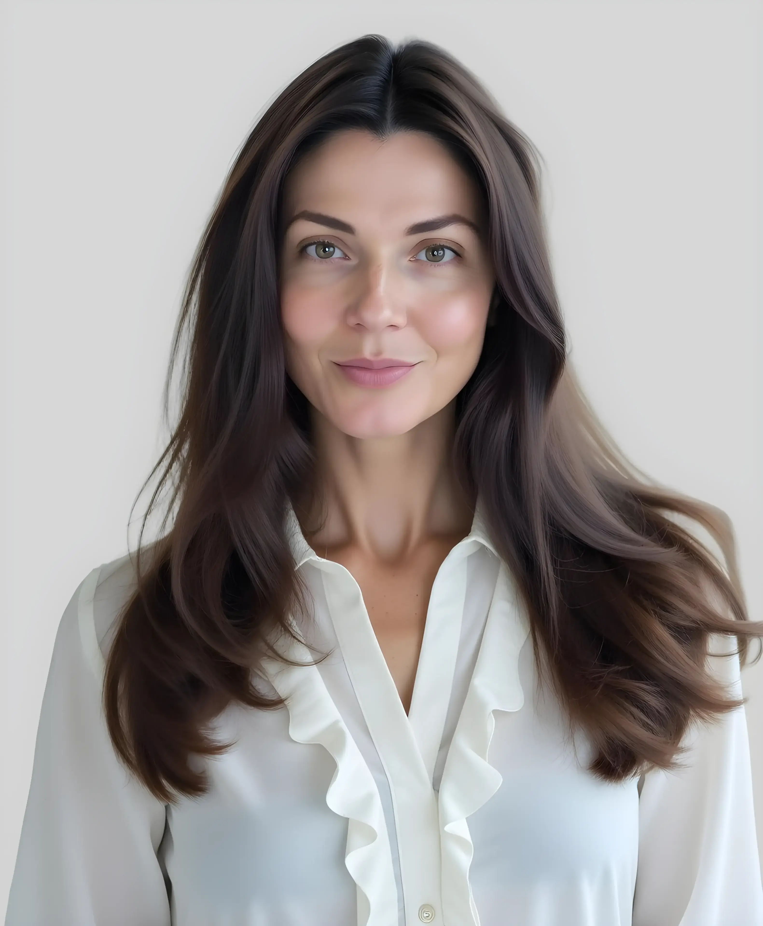 Woman with long hair, white blouse smiling.