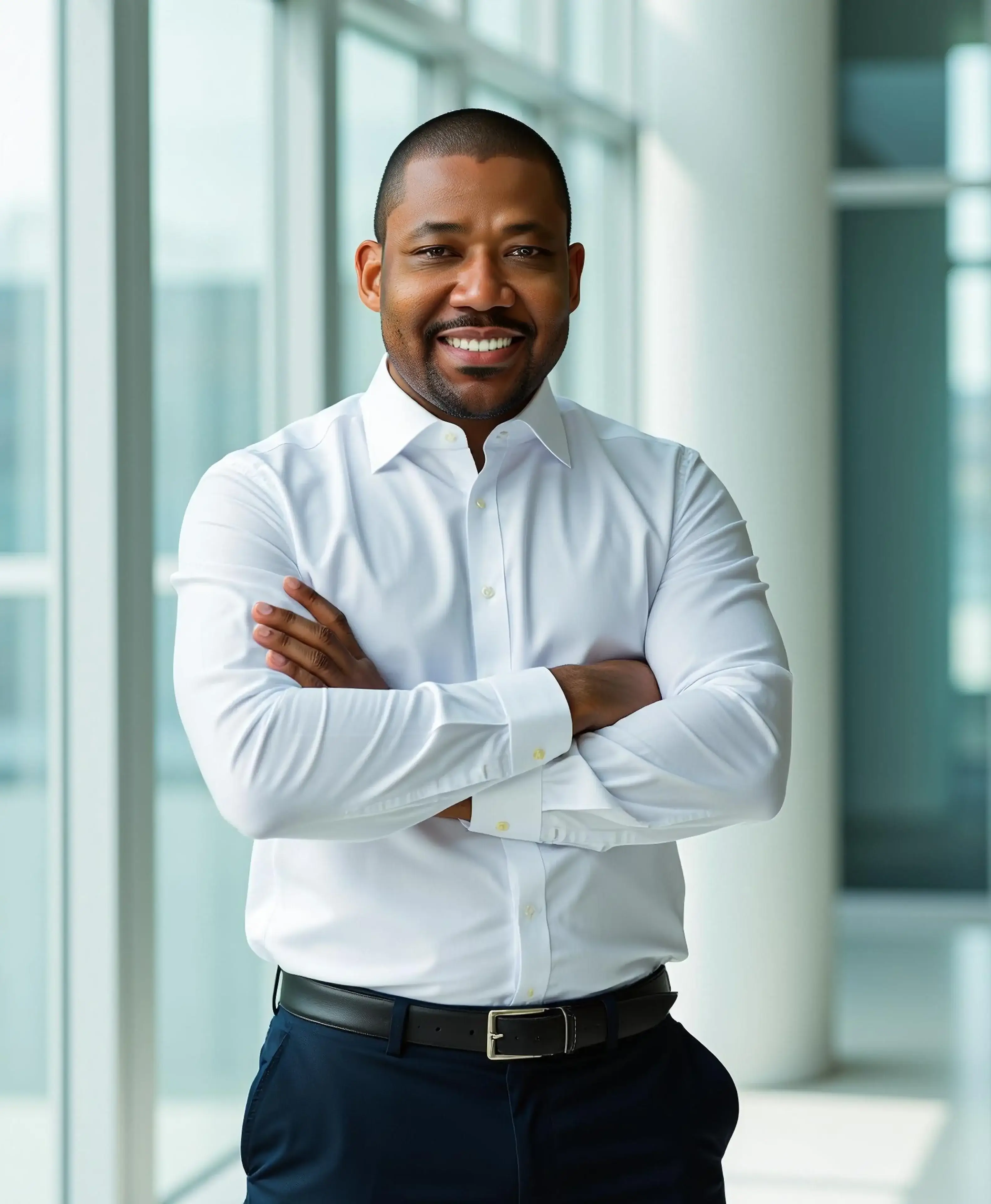 Smiling businessman in white shirt with arms crossed