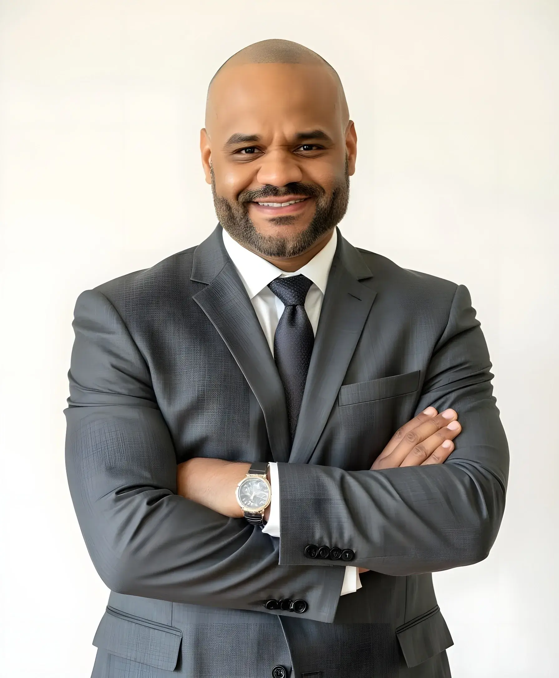 Man in suit smiling with crossed arms.