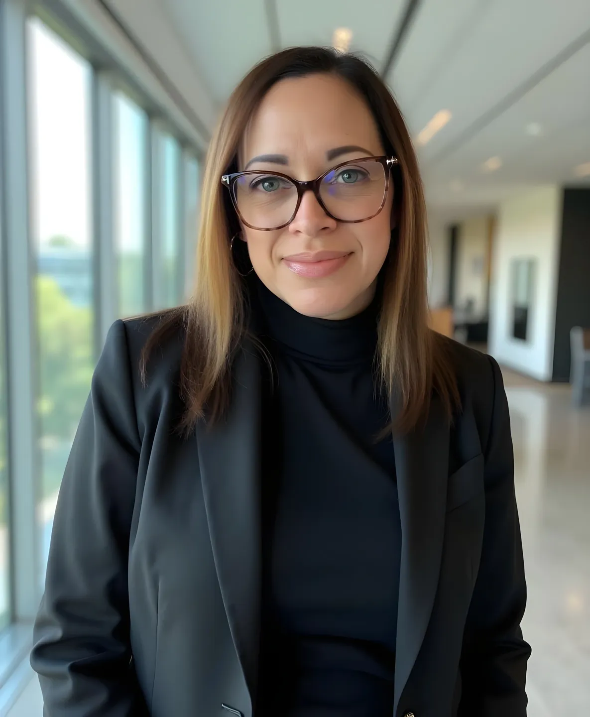 Woman in glasses standing in office corridor.