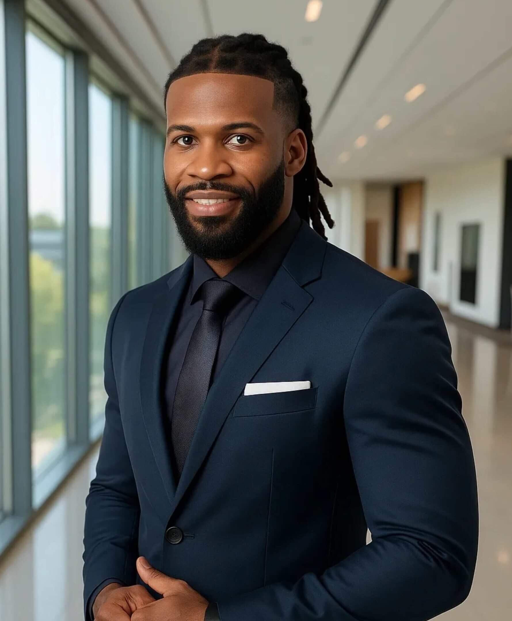 Man in suit smiling in bright hallway.