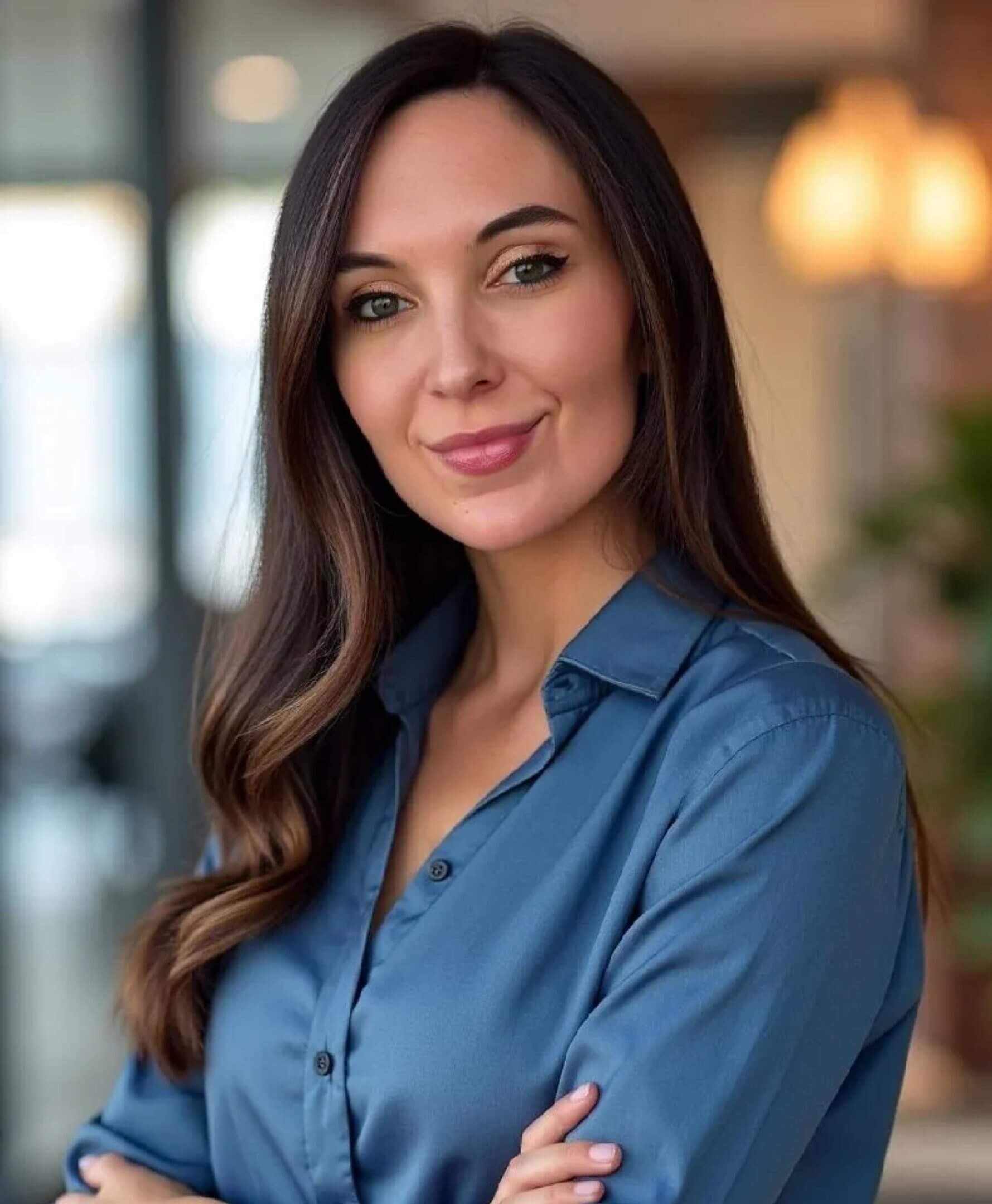 Professional woman in blue shirt, smiling.