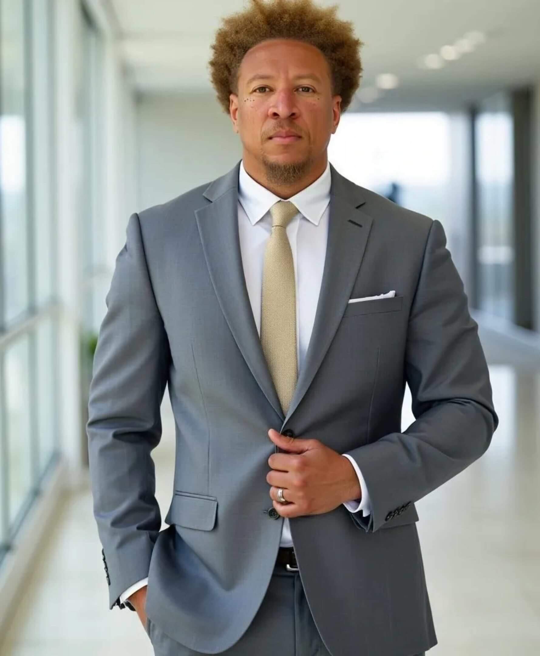Businessman in gray suit and gold tie