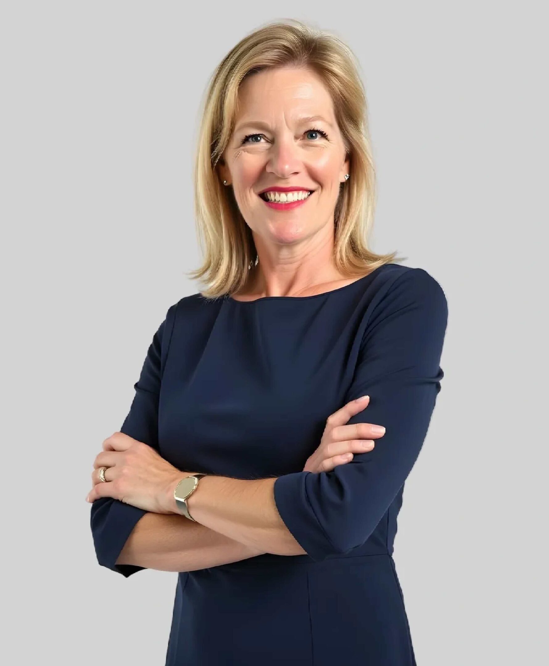 Smiling woman in navy dress, arms crossed.