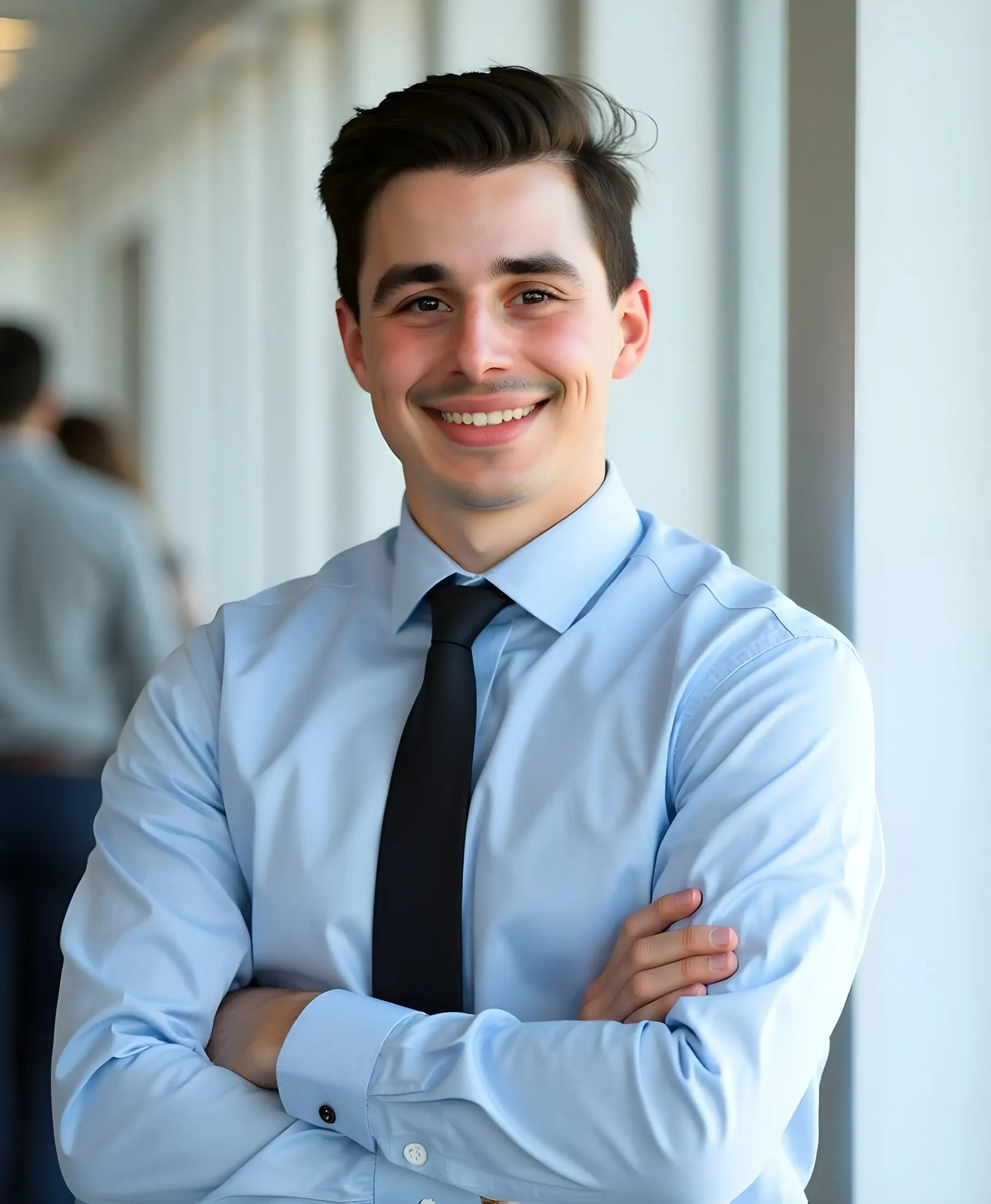 Smiling man in blue shirt and tie.