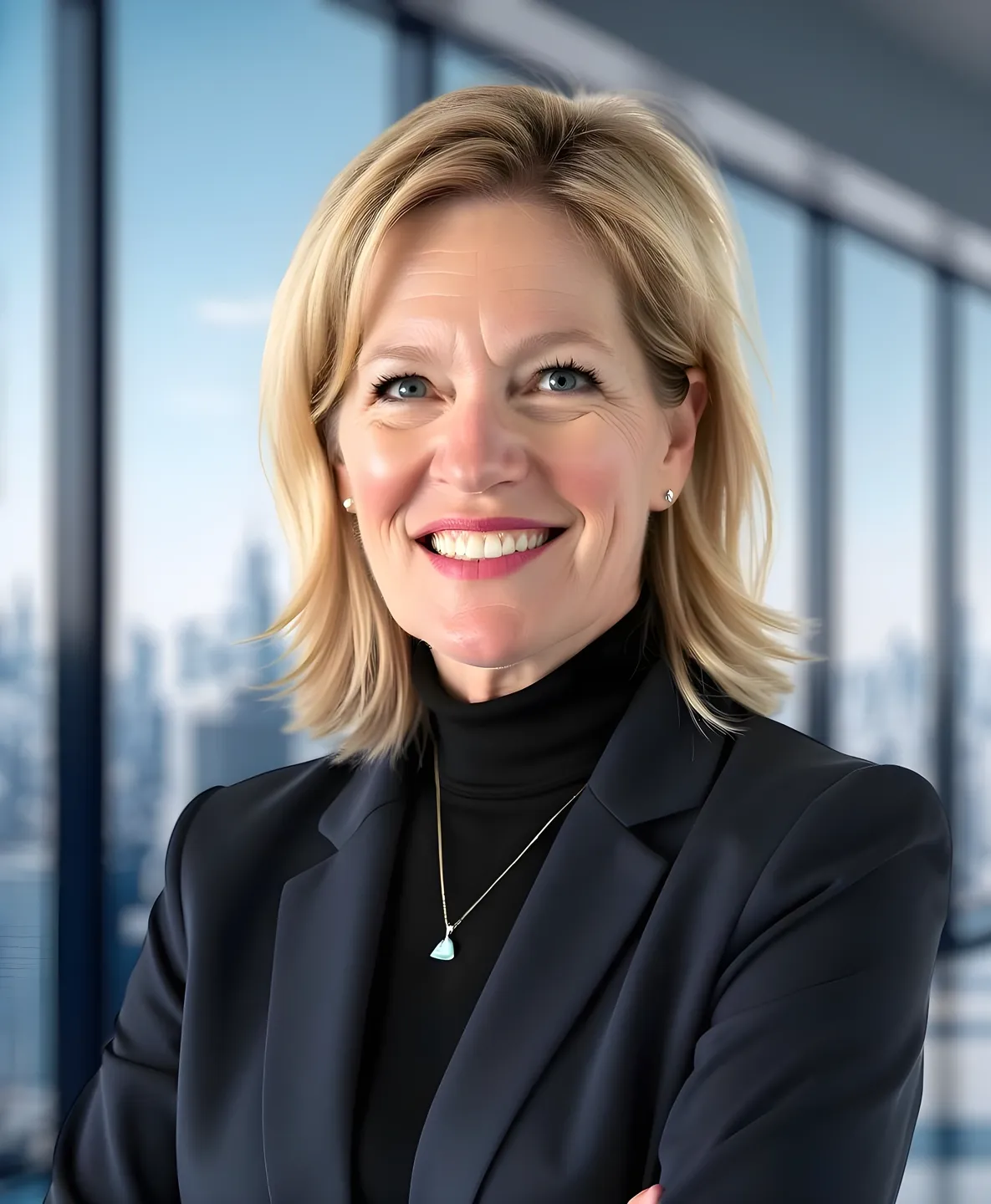Smiling woman in office with city view.
