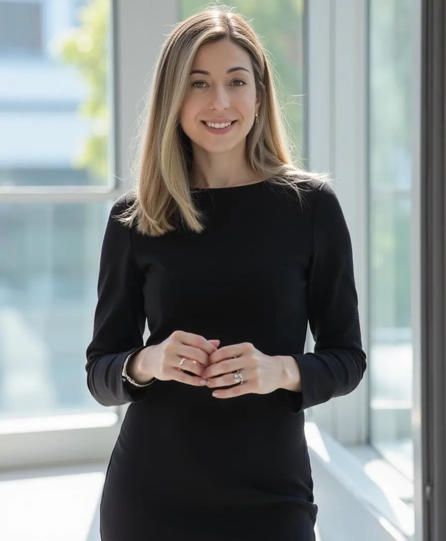 Smiling woman in black dress by window.