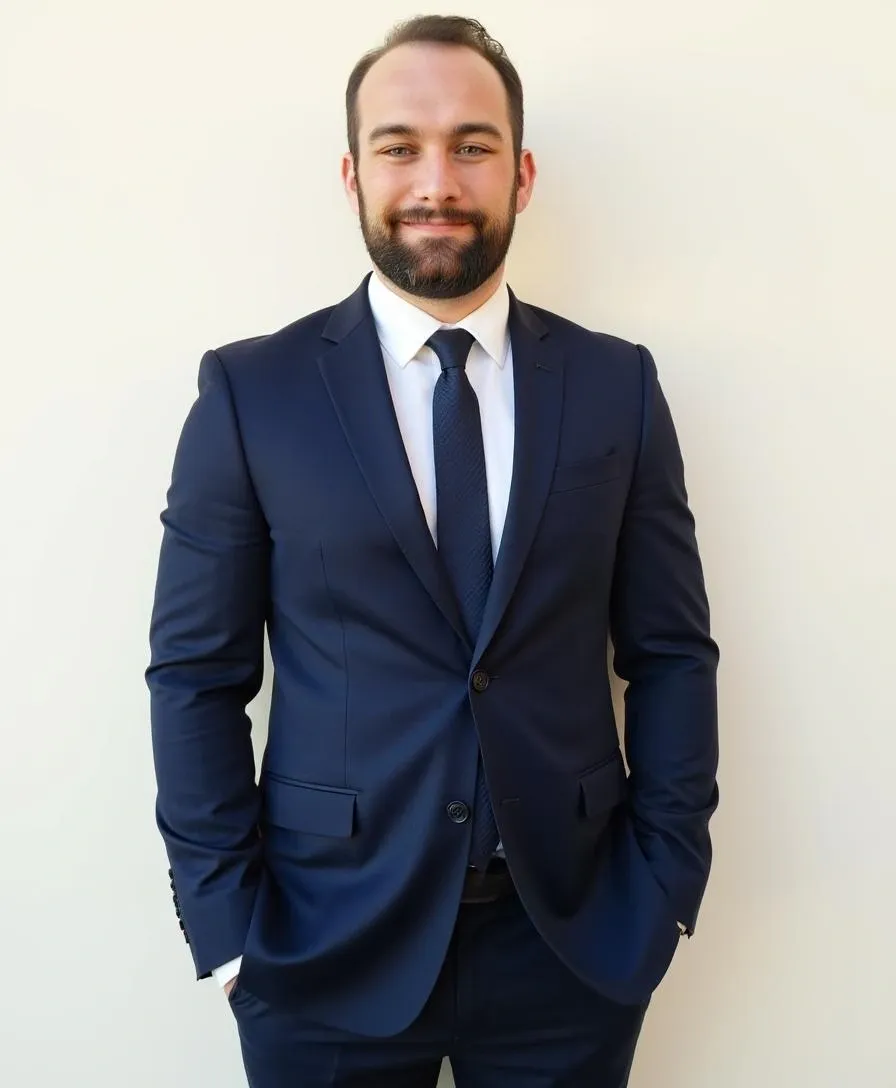 Man in a blue suit smiling confidently.
