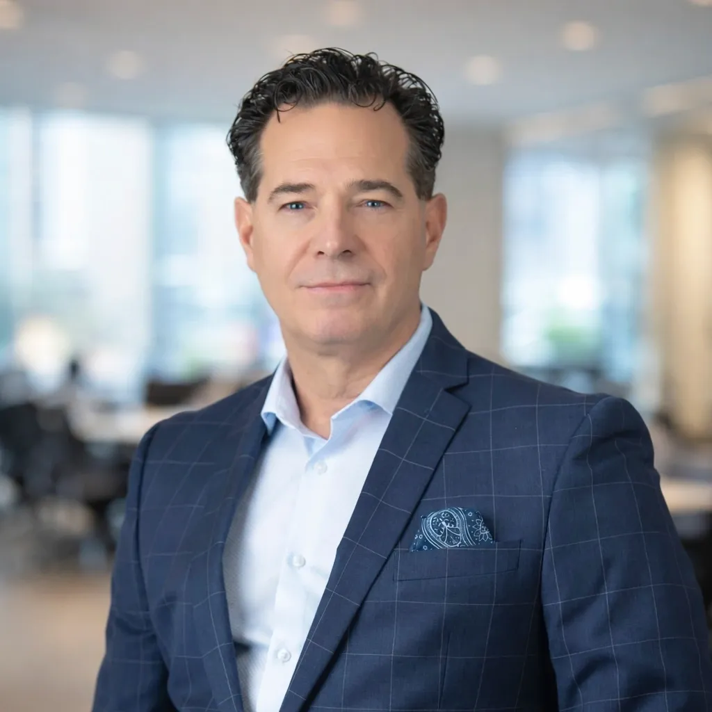Confident executive in blue suit, blurred office