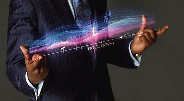 Person in suit presenting holographic digital timeline